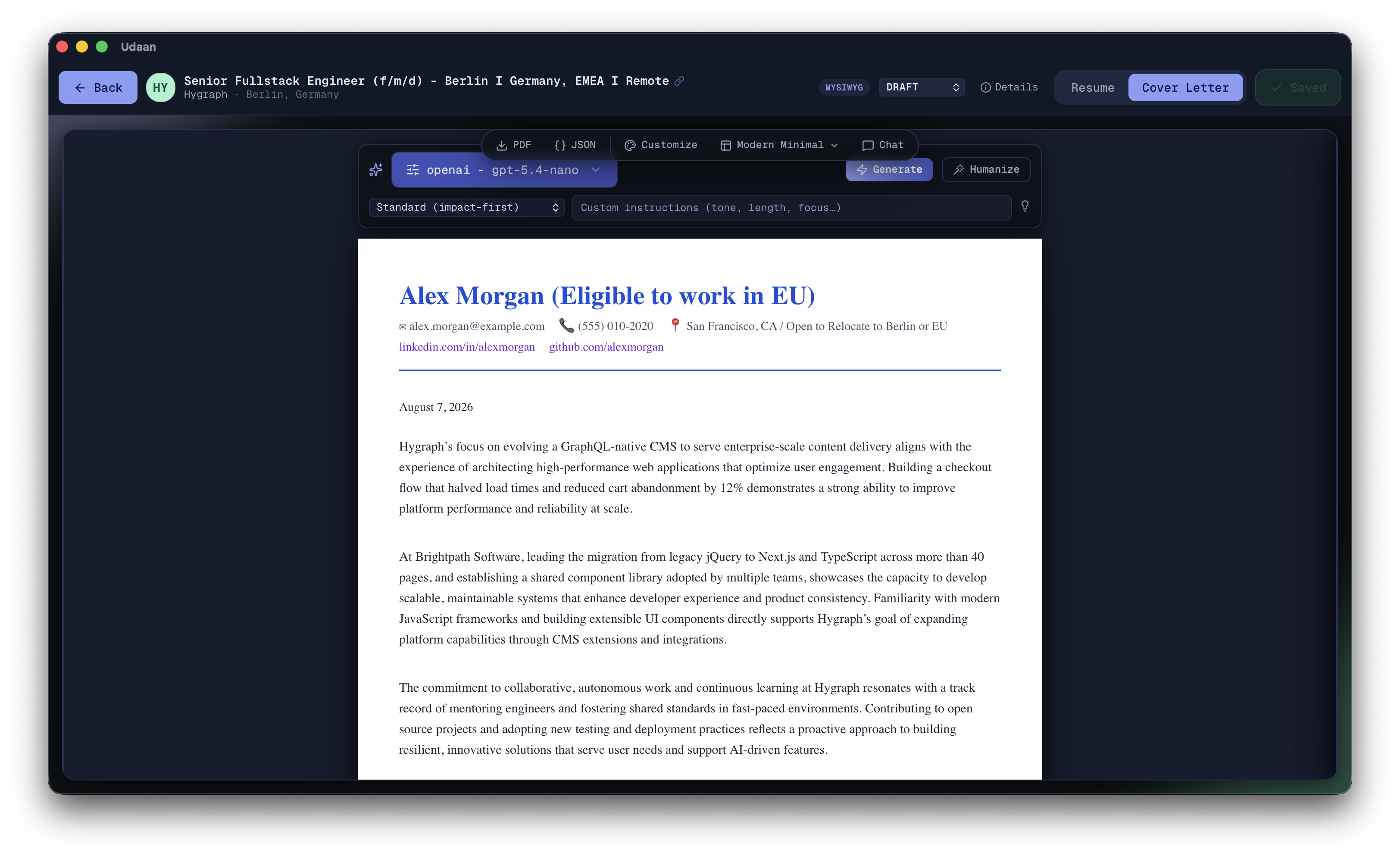 A generated cover letter with tone and style preset controls
