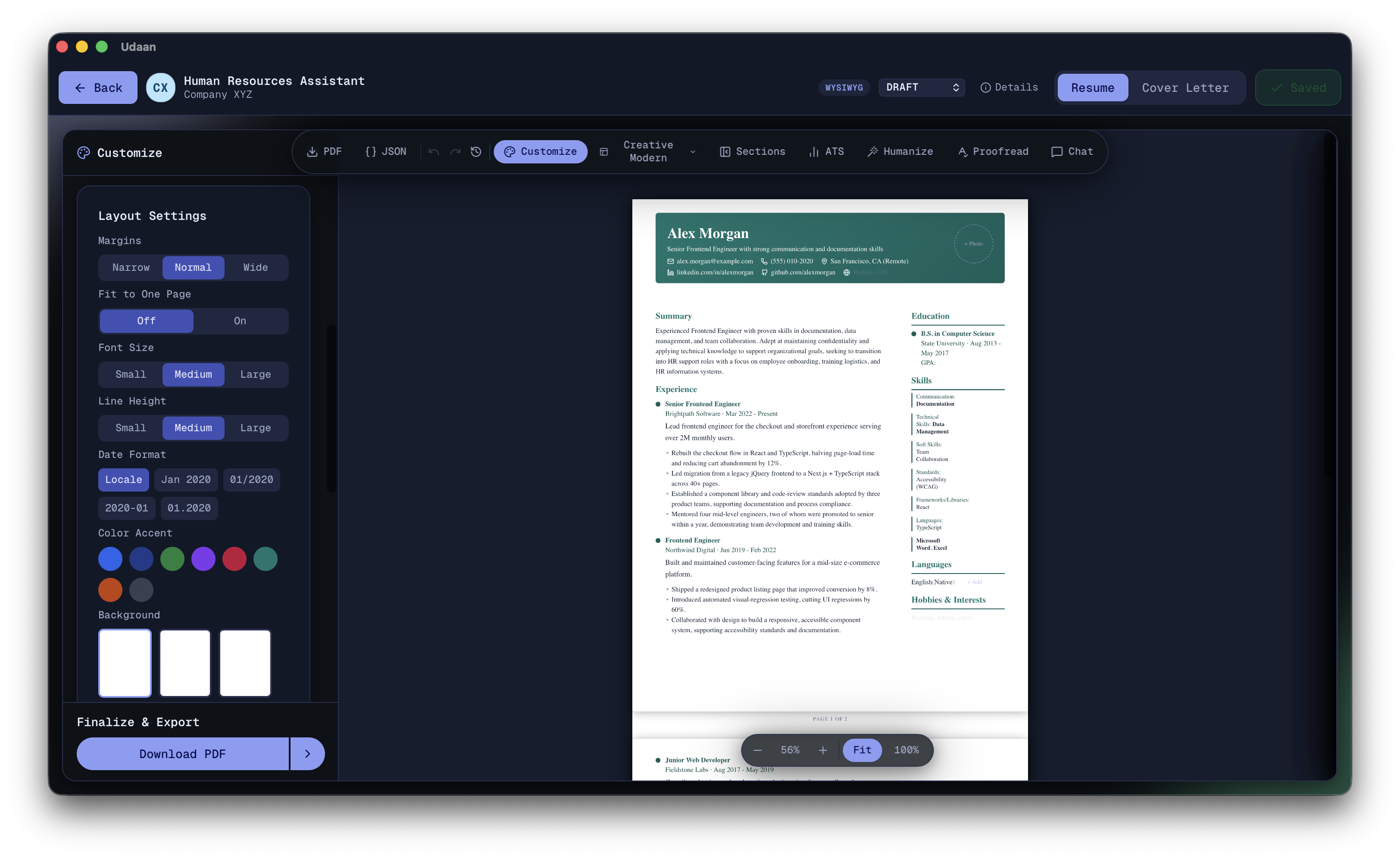 Customization drawer open on a resume template, mid-restyle