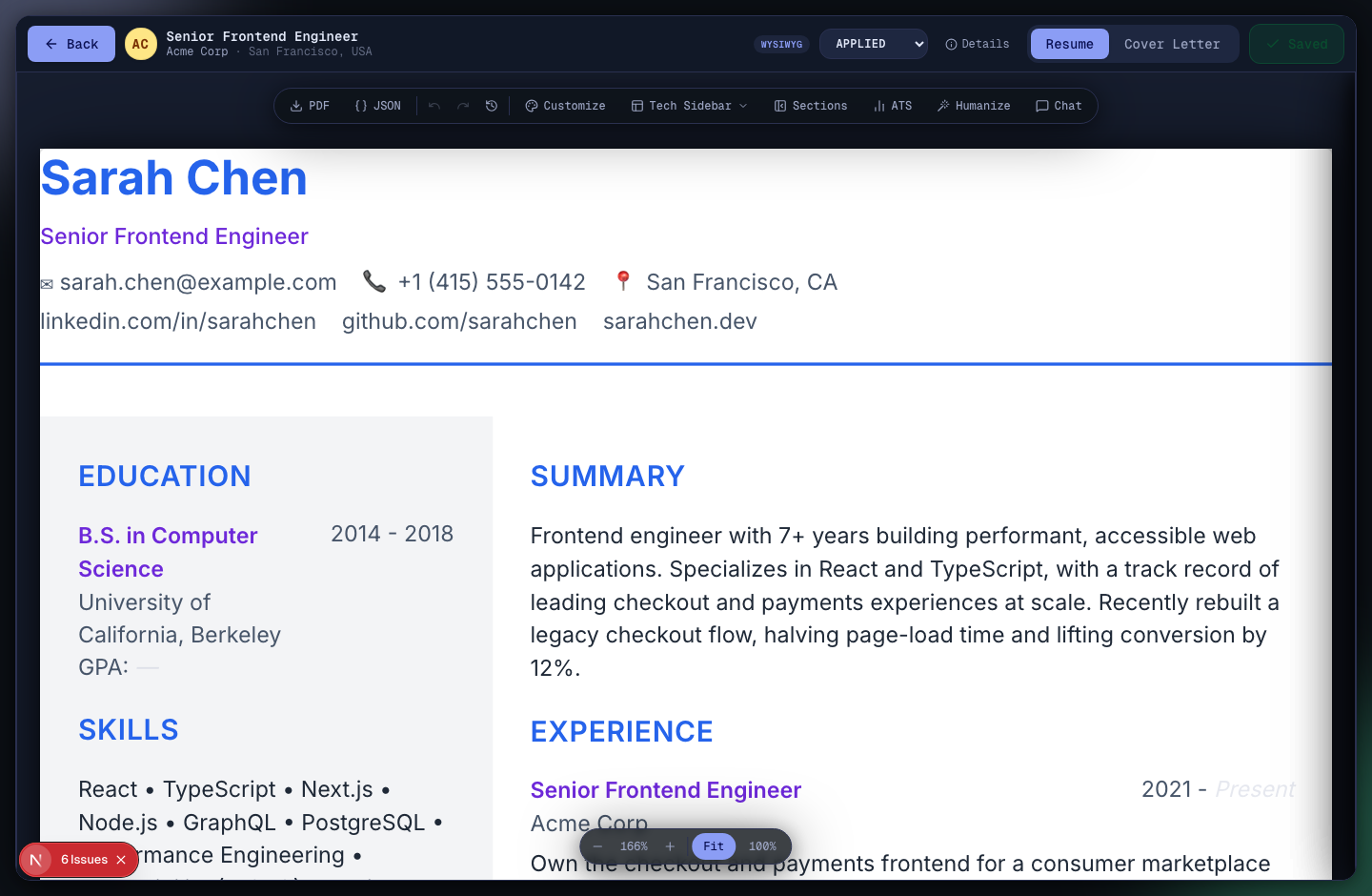 The inline WYSIWYG resume editor showing a tailored resume with the toolbar for PDF export, templates, sections, ATS analysis, humanizing, and chat