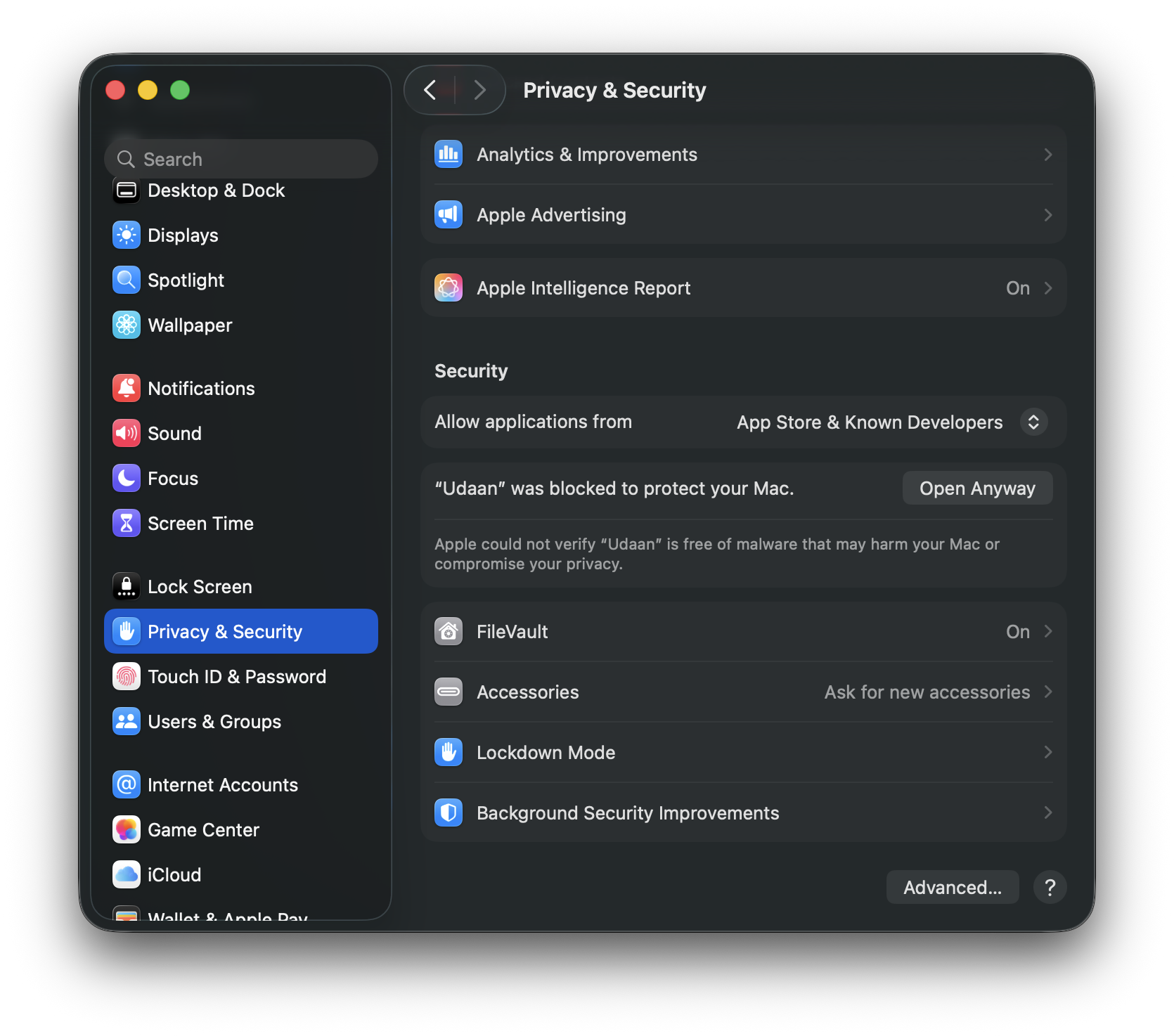 macOS System Settings Privacy & Security pane with the Open Anyway button