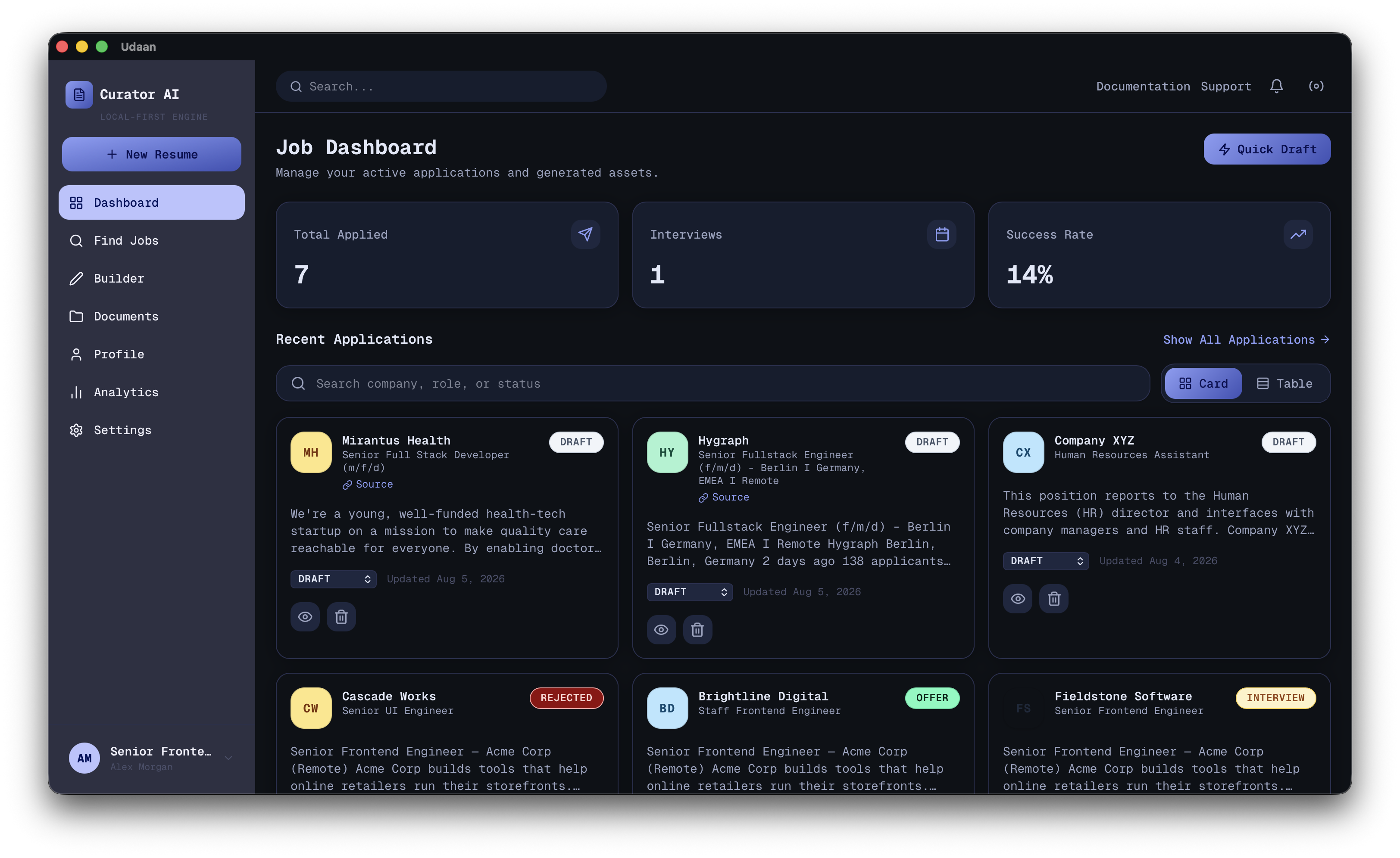 Application tracker table showing jobs across Draft, Applied, Interview, Offer, and Rejected